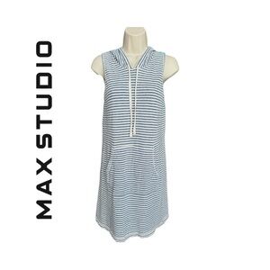 Max Studio Weekend Hooded Tank Dress. Kangaroo Pocket. Blue/White Striped Small